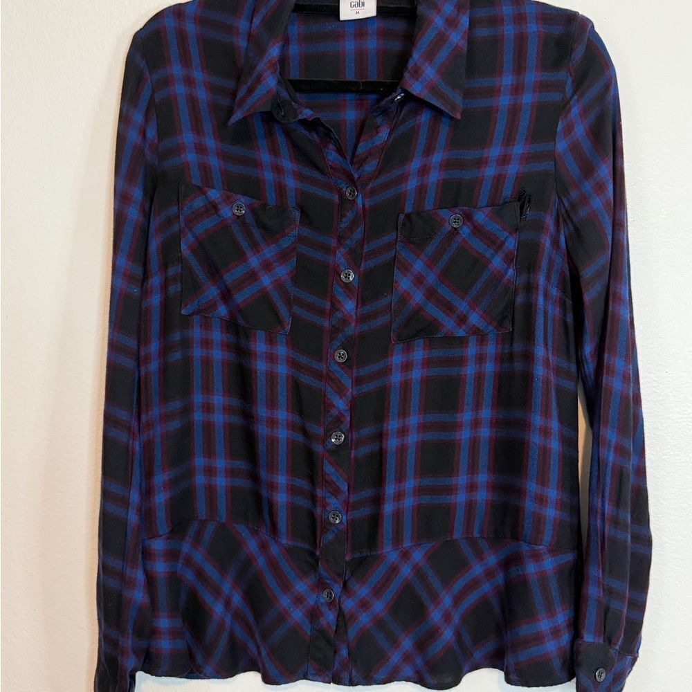 CAbi Blouse Top Black Blue Red Plaid Rayon Flowy Peplum Hem Button Size Medium